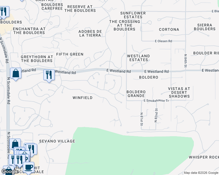 map of restaurants, bars, coffee shops, grocery stores, and more near 33668 North 79th Street in Scottsdale