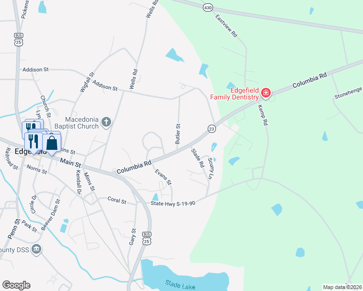 map of restaurants, bars, coffee shops, grocery stores, and more near 423 Columbia Road in Edgefield
