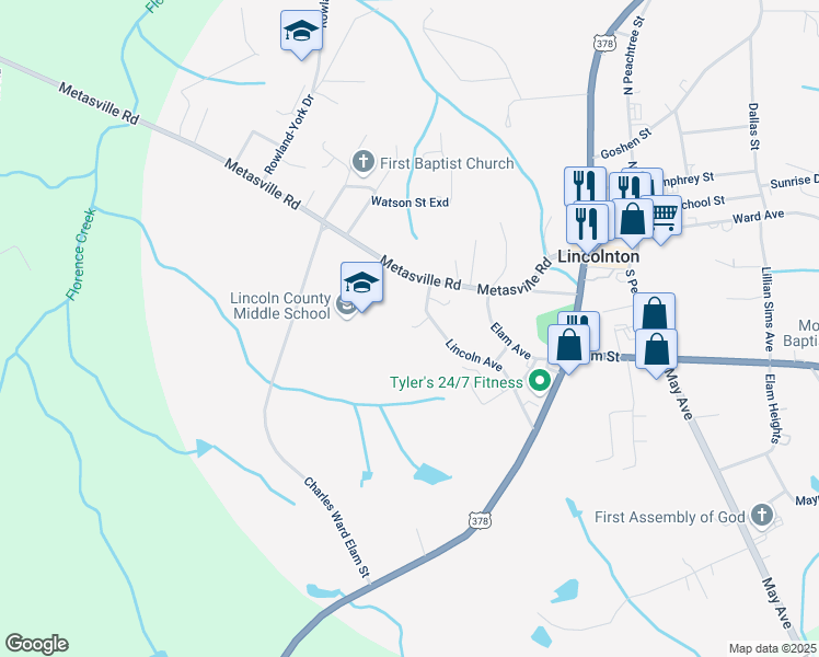 map of restaurants, bars, coffee shops, grocery stores, and more near 298 Lincoln Avenue in Lincolnton