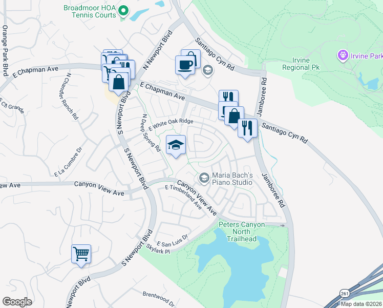 map of restaurants, bars, coffee shops, grocery stores, and more near 240 North Lazy Meadow Road in Orange