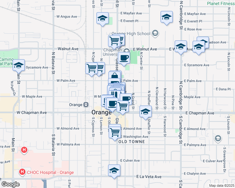 map of restaurants, bars, coffee shops, grocery stores, and more near 244 North Glassell Street in Orange