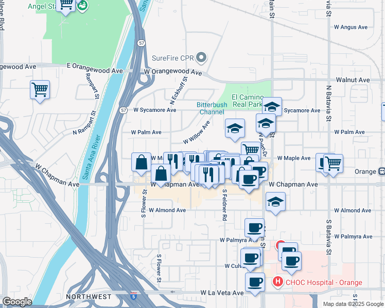 map of restaurants, bars, coffee shops, grocery stores, and more near 258 North Holly Street in Orange