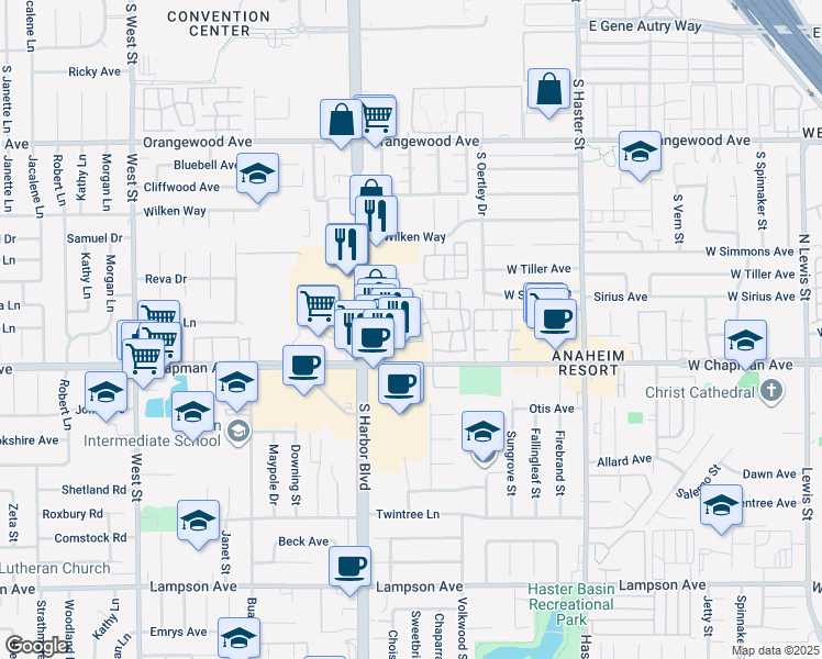 map of restaurants, bars, coffee shops, grocery stores, and more near 2379 South Mira Court in Anaheim