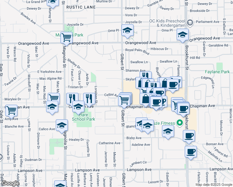 map of restaurants, bars, coffee shops, grocery stores, and more near 9362 Florence Lane in Garden Grove