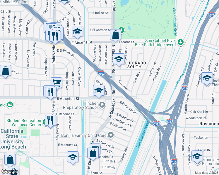 map of restaurants, bars, coffee shops, grocery stores, and more near 1911 North Hidden Lane in Long Beach