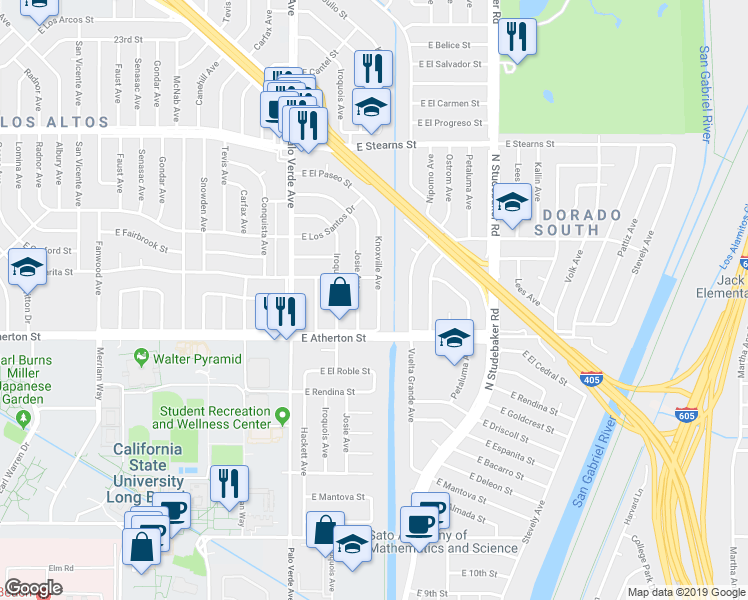 map of restaurants, bars, coffee shops, grocery stores, and more near 1874 Knoxville Avenue in Long Beach