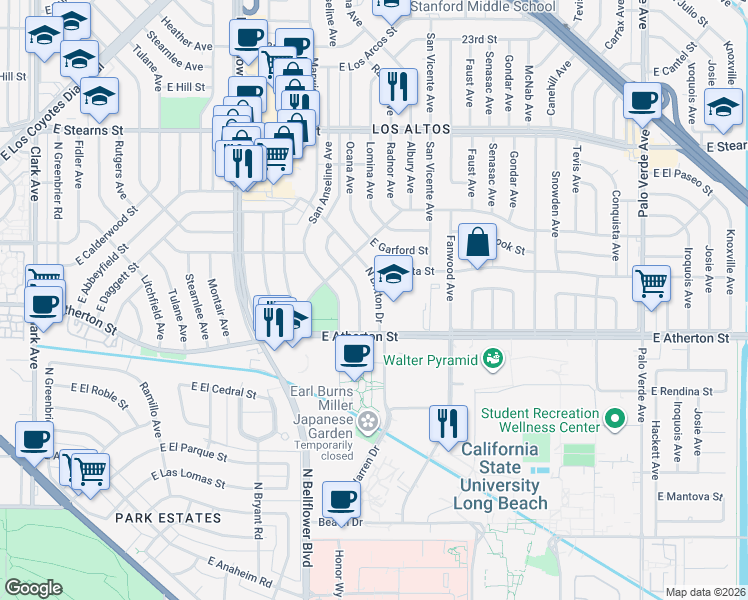 map of restaurants, bars, coffee shops, grocery stores, and more near 1854 North Britton Drive in Long Beach
