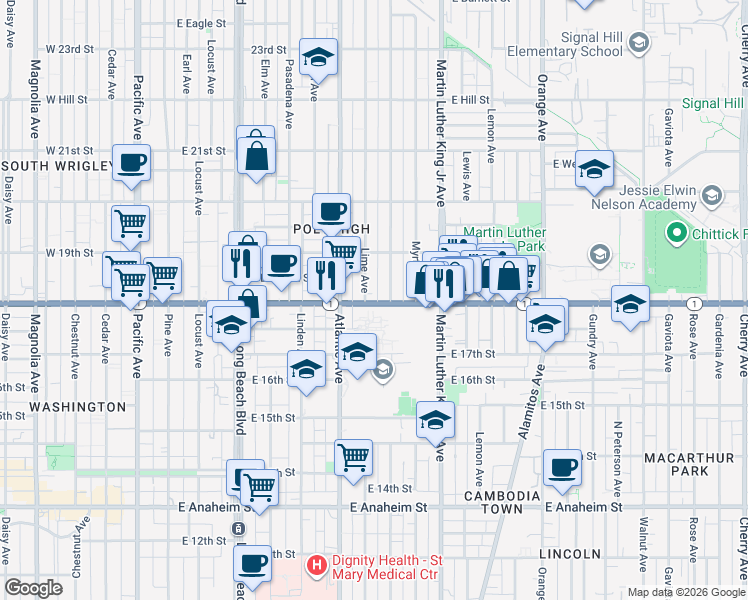 map of restaurants, bars, coffee shops, grocery stores, and more near 1832 Lime Avenue in Long Beach