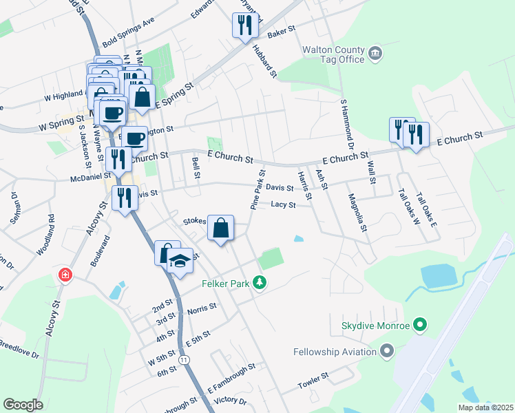 map of restaurants, bars, coffee shops, grocery stores, and more near 413 Knight Street in Monroe