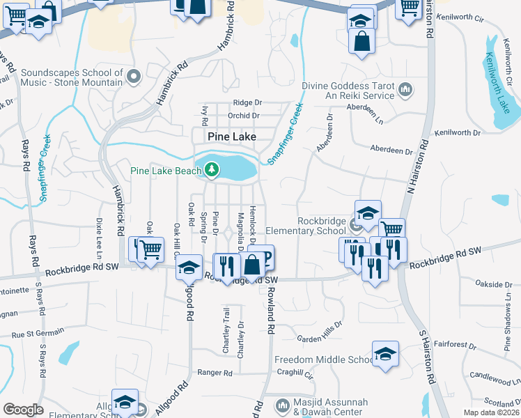 map of restaurants, bars, coffee shops, grocery stores, and more near 523 Spruce Drive in Pine Lake