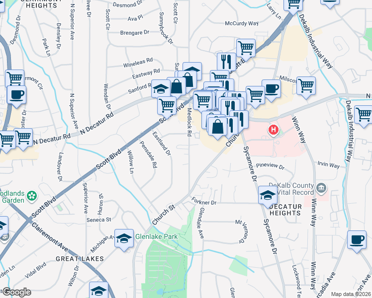 map of restaurants, bars, coffee shops, grocery stores, and more near 2400 Charleston Oaks Lane in Decatur