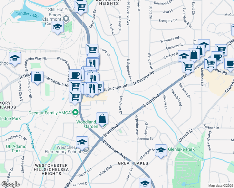 map of restaurants, bars, coffee shops, grocery stores, and more near 470 Sherman Way in Decatur