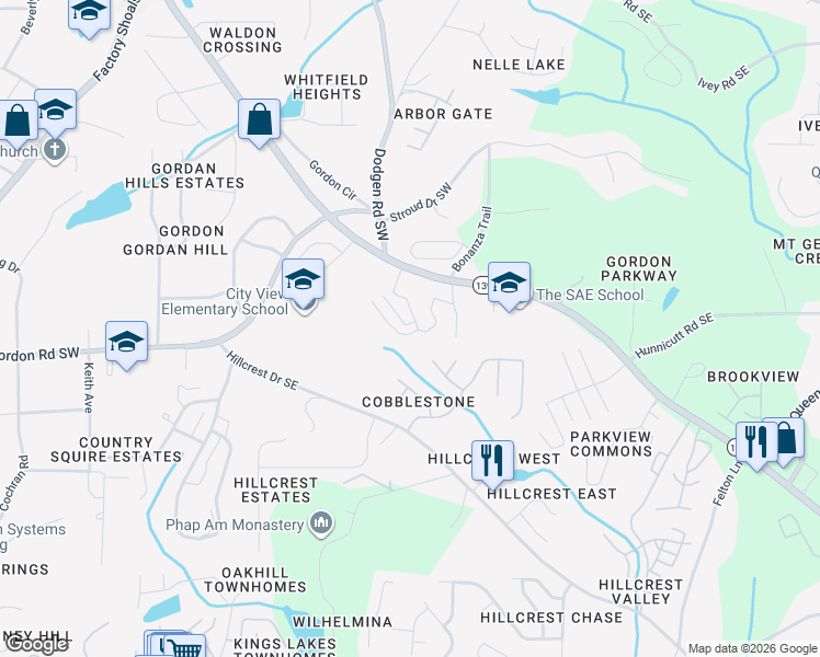 map of restaurants, bars, coffee shops, grocery stores, and more near 6660 Mableton Parkway Southeast in Mableton