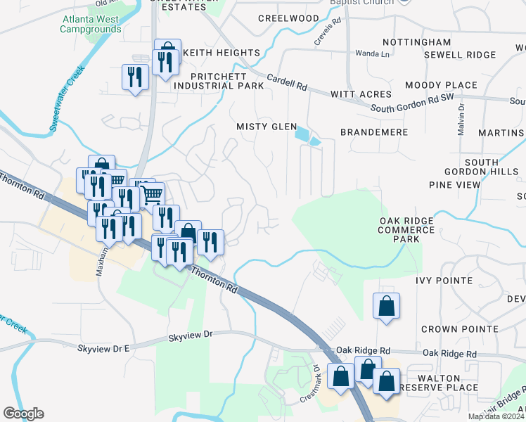 map of restaurants, bars, coffee shops, grocery stores, and more near 902 Waterford Club Drive in Lithia Springs