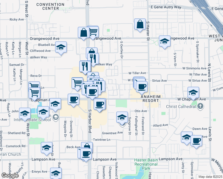 map of restaurants, bars, coffee shops, grocery stores, and more near 2365 South Cutty Way in Anaheim
