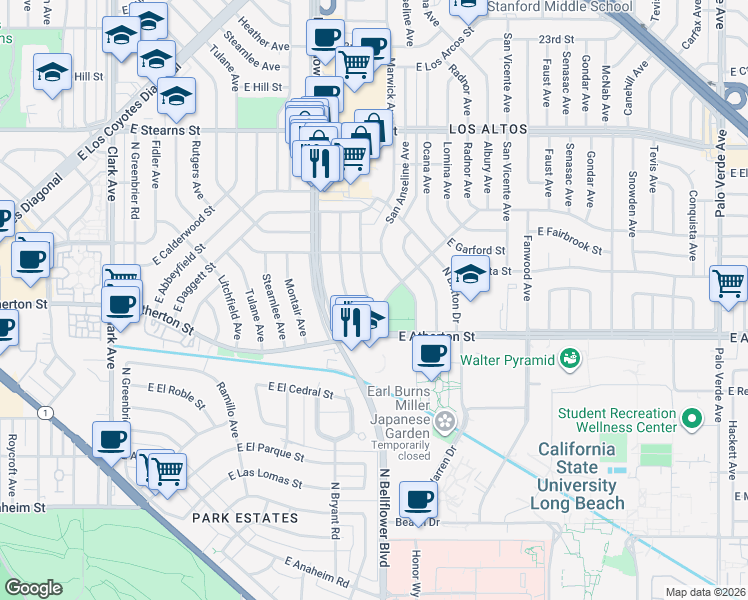 map of restaurants, bars, coffee shops, grocery stores, and more near 1881 Chatwin Avenue in Long Beach