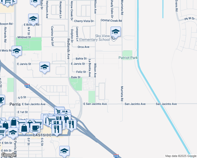 map of restaurants, bars, coffee shops, grocery stores, and more near in Perris