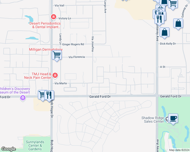 map of restaurants, bars, coffee shops, grocery stores, and more near 35 Champagne Circle in Rancho Mirage