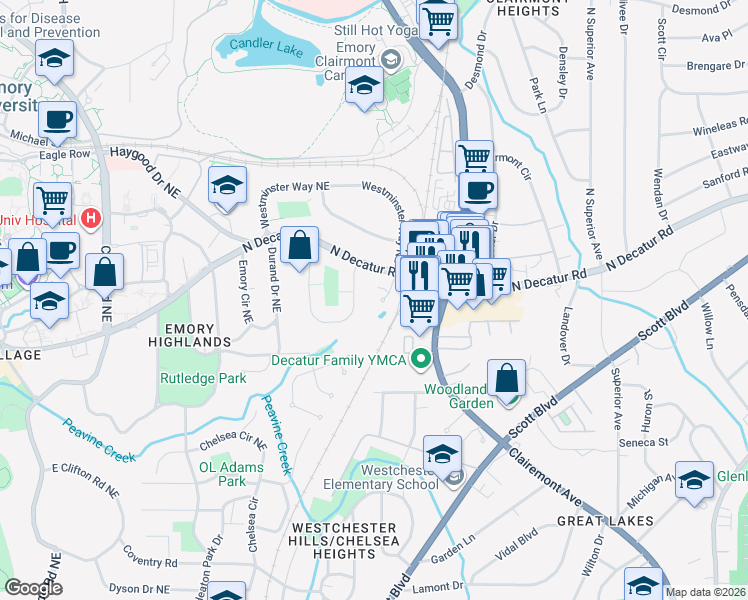 map of restaurants, bars, coffee shops, grocery stores, and more near 504 South Westminster Way in Atlanta