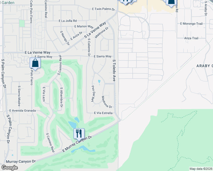 map of restaurants, bars, coffee shops, grocery stores, and more near 1533 East Canyon Estates Drive in Palm Springs