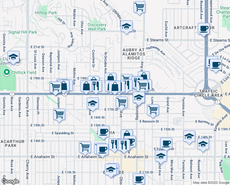 map of restaurants, bars, coffee shops, grocery stores, and more near 3101 East Pacific Coast Highway in Long Beach