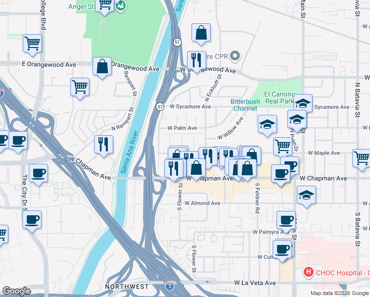 map of restaurants, bars, coffee shops, grocery stores, and more near 213 North Flower Street in Orange