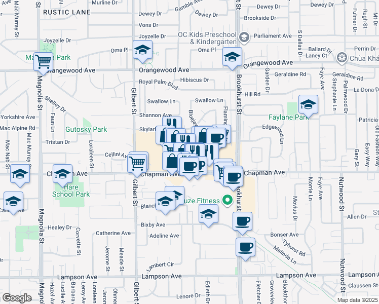 map of restaurants, bars, coffee shops, grocery stores, and more near 11851 Peacock Court in Garden Grove