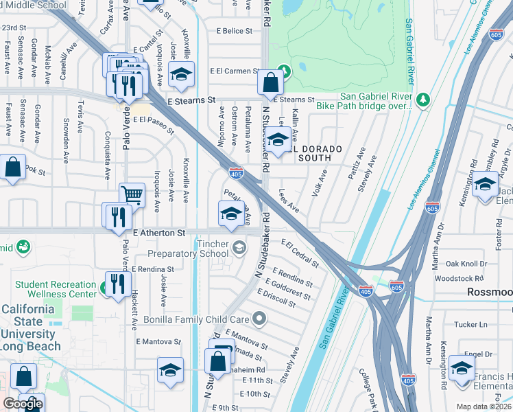 map of restaurants, bars, coffee shops, grocery stores, and more near 1911 North Hidden Lane in Long Beach