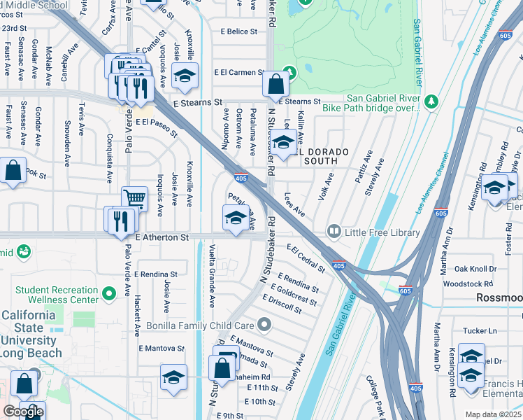 map of restaurants, bars, coffee shops, grocery stores, and more near 1837 North Studebaker Road in Long Beach