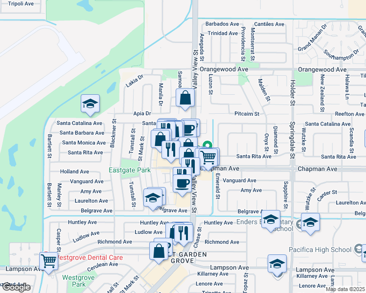 map of restaurants, bars, coffee shops, grocery stores, and more near 5962 Santa Barbara Avenue in Garden Grove