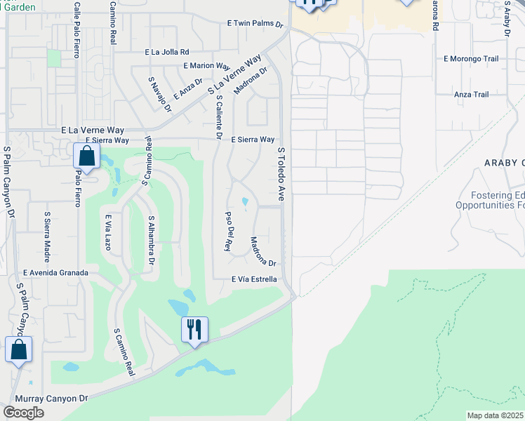 map of restaurants, bars, coffee shops, grocery stores, and more near 1533 East Canyon Estates Drive in Palm Springs
