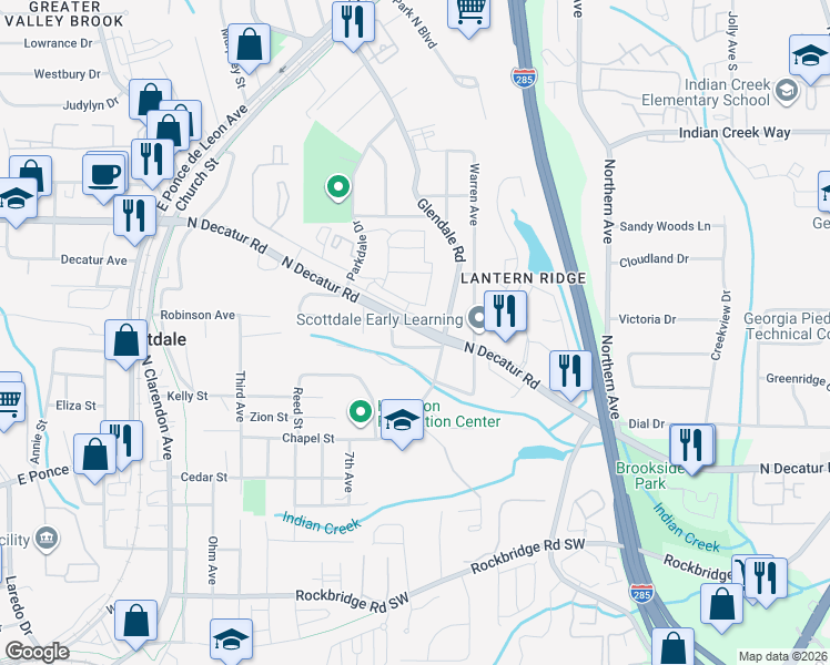 map of restaurants, bars, coffee shops, grocery stores, and more near 3317 Park Pointe Circle in Scottdale