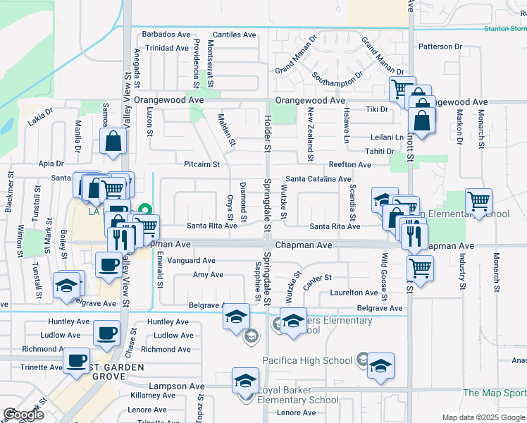 map of restaurants, bars, coffee shops, grocery stores, and more near 6472 Santa Monica Avenue in Garden Grove