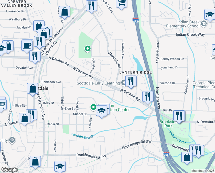 map of restaurants, bars, coffee shops, grocery stores, and more near 3317 Park Pointe Circle in Scottdale