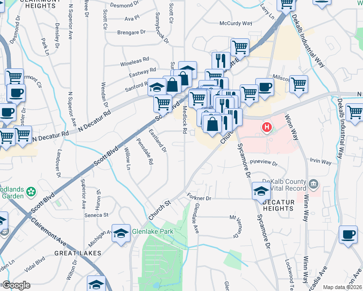 map of restaurants, bars, coffee shops, grocery stores, and more near 2400 Charleston Oaks Lane in Decatur