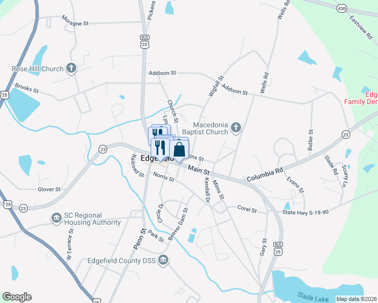 map of restaurants, bars, coffee shops, grocery stores, and more near 317 Simkins Street in Edgefield