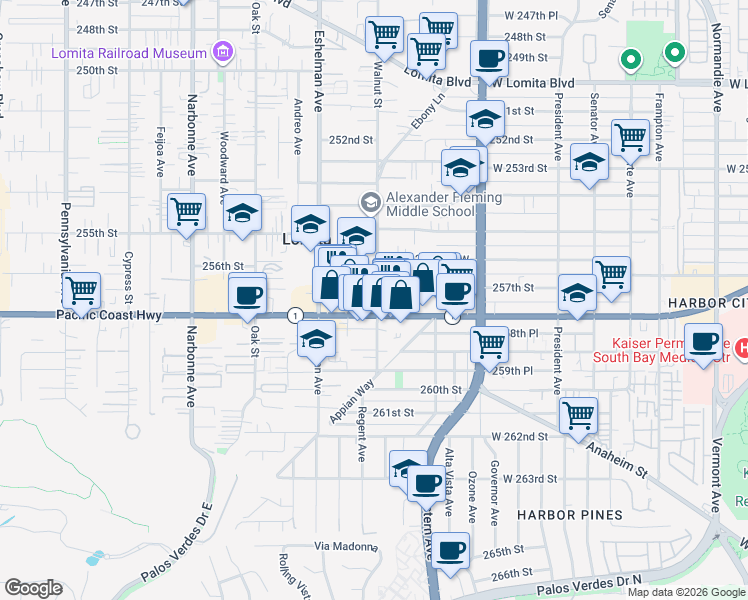 map of restaurants, bars, coffee shops, grocery stores, and more near 25719 Walnut Street in Lomita