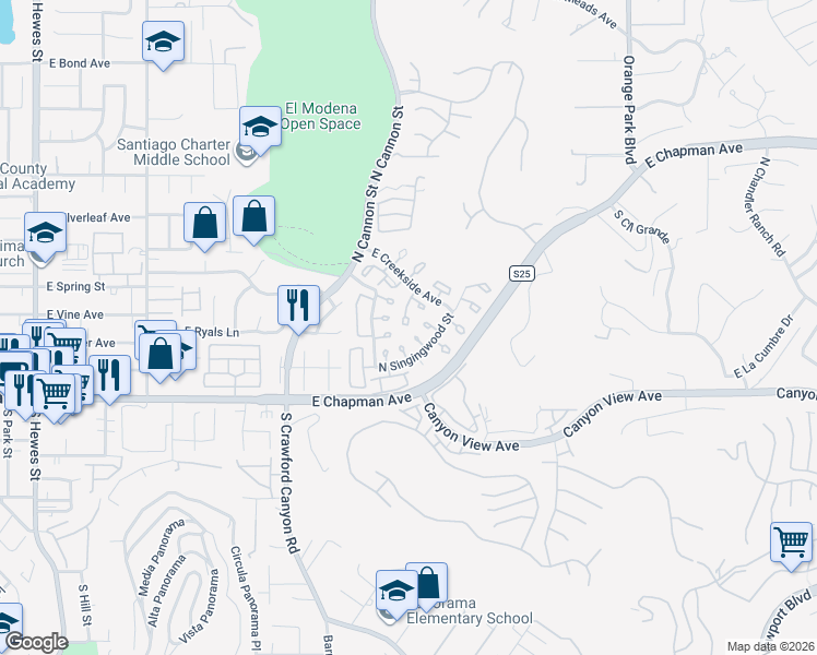 map of restaurants, bars, coffee shops, grocery stores, and more near 5846 East Creekside Avenue in Orange