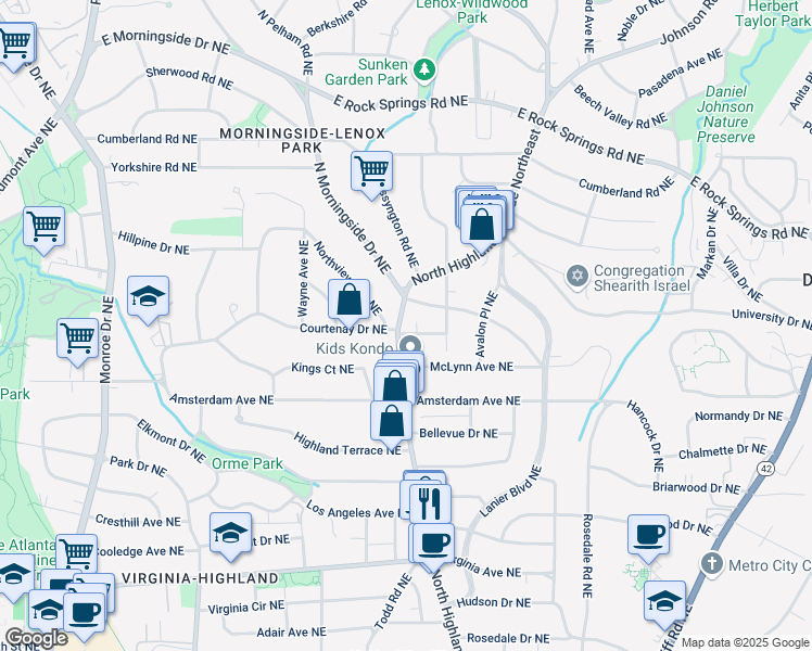 map of restaurants, bars, coffee shops, grocery stores, and more near 1315 North Highland Avenue Northeast in Atlanta