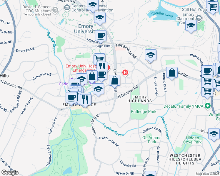 map of restaurants, bars, coffee shops, grocery stores, and more near 1300 Clifton Road North East in Atlanta