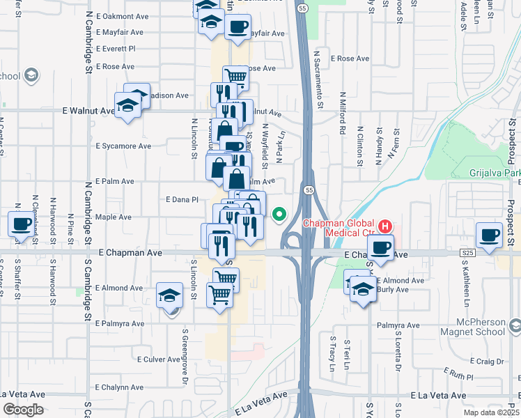 map of restaurants, bars, coffee shops, grocery stores, and more near 225 North Oak Street in Orange