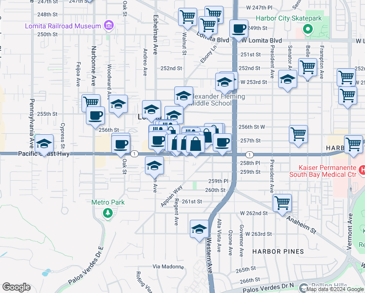 map of restaurants, bars, coffee shops, grocery stores, and more near 1910 257th Street in Lomita