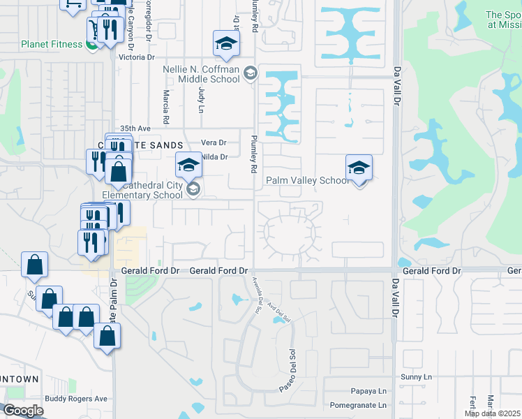 map of restaurants, bars, coffee shops, grocery stores, and more near 69531 Encanto Court in Rancho Mirage