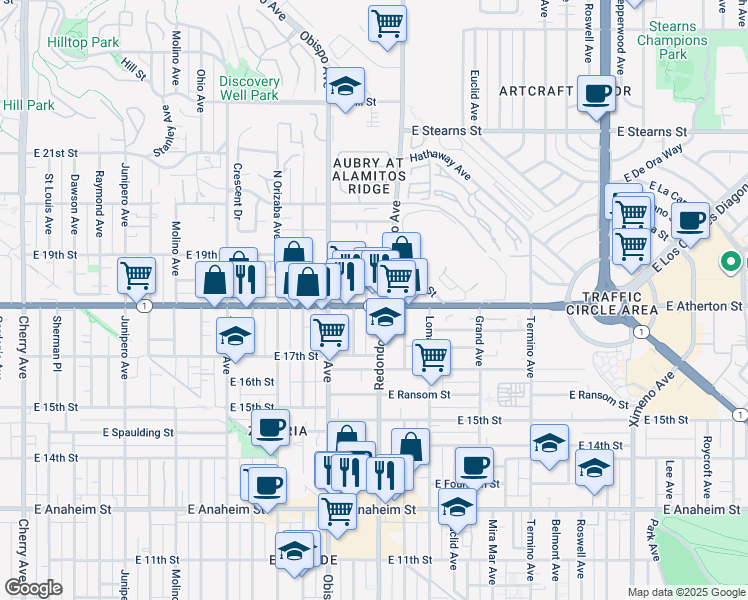 map of restaurants, bars, coffee shops, grocery stores, and more near 1813 Redondo Avenue in Signal Hill
