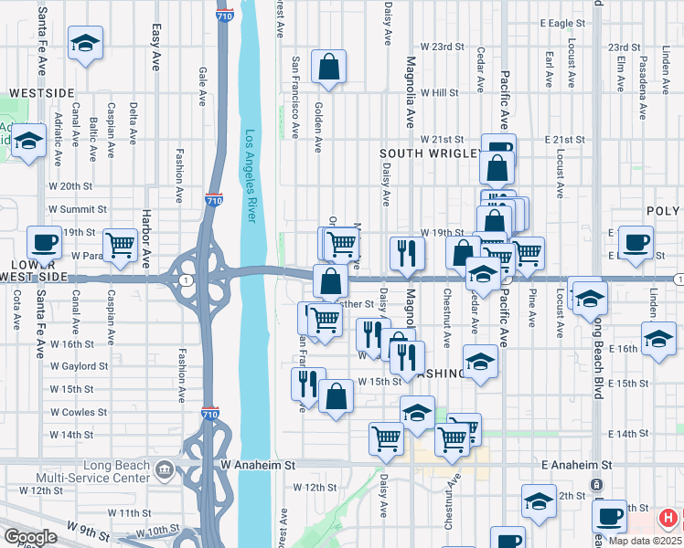 map of restaurants, bars, coffee shops, grocery stores, and more near 1830 Oregon Avenue in Long Beach
