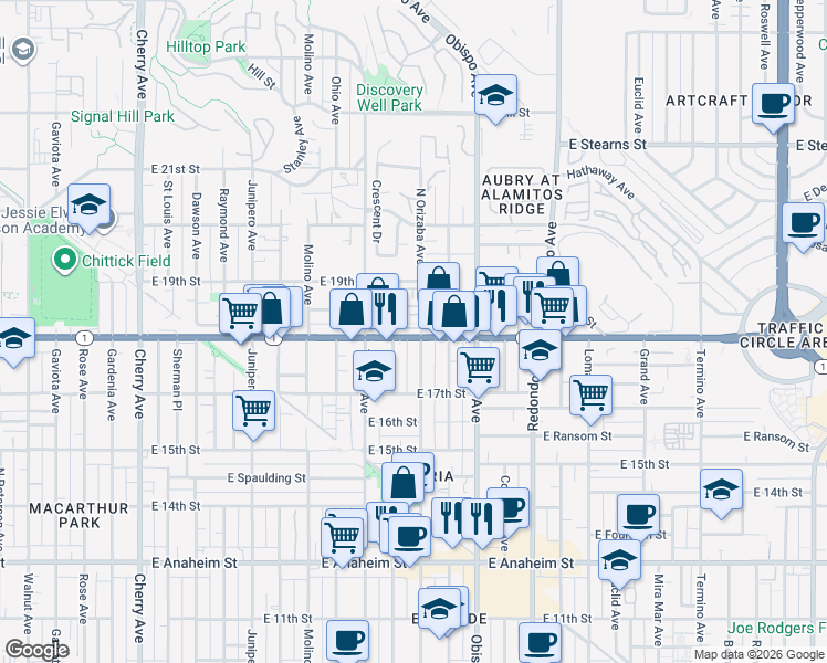 map of restaurants, bars, coffee shops, grocery stores, and more near 2995 Pacific Coast Highway in Signal Hill