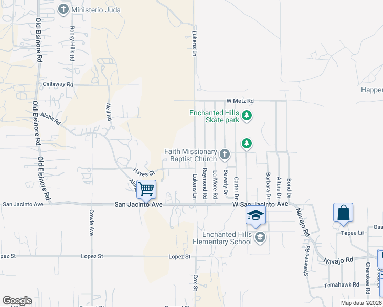map of restaurants, bars, coffee shops, grocery stores, and more near 22735 Lukens Lane in Perris