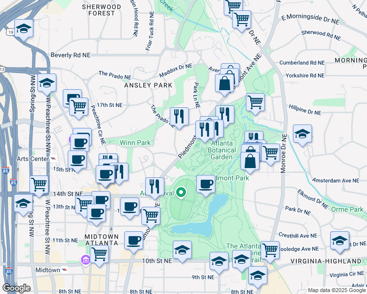 map of restaurants, bars, coffee shops, grocery stores, and more near 1284 Piedmont Avenue Northeast in Atlanta
