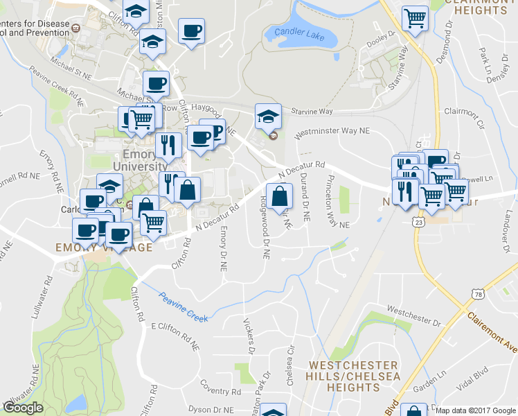 map of restaurants, bars, coffee shops, grocery stores, and more near 1900 Ridgewood Drive Northeast in Atlanta