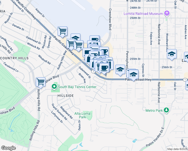 map of restaurants, bars, coffee shops, grocery stores, and more near 2602 Pacific Coast Highway in Torrance